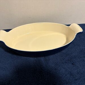 12” Scalloped Handle Cobalt Blue Enamel Cast Iron Oval Baker LQ IQ